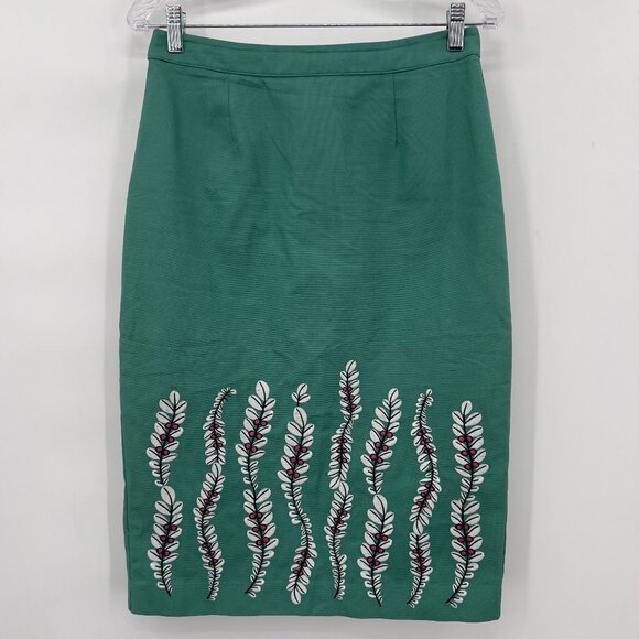Boden Green Embroidered Leaf Pencil Midi Knee Length Skirt – Women’s US 10 NWOT - Picture 1 of 9